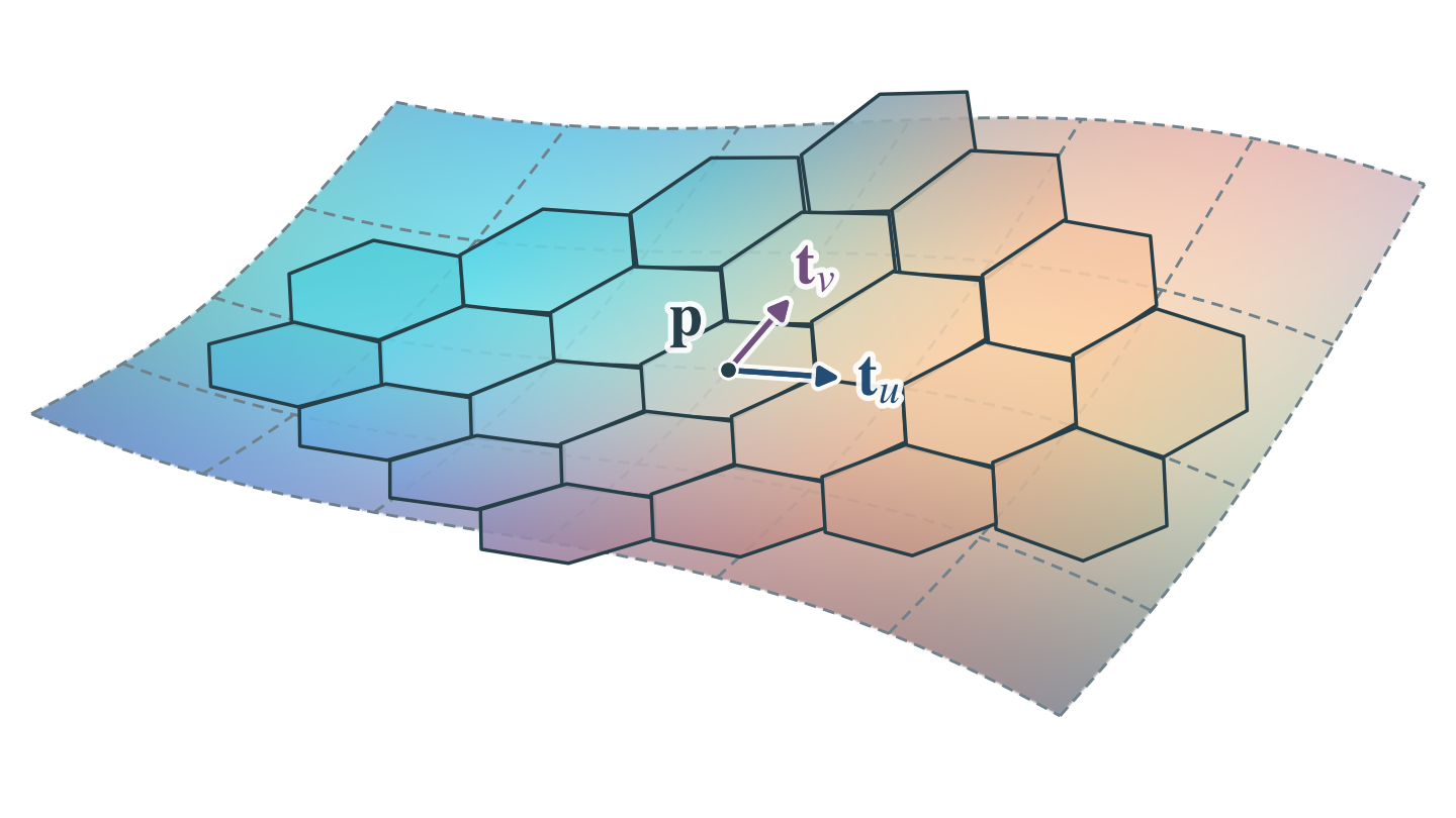 Flat hexagonal patches appear one by one on a gently curved sheet until 23 cover its middle, shading from cyan on the left to peach on the right, with mauve and pink along the near edge. The view then turns and the patches shrink away.